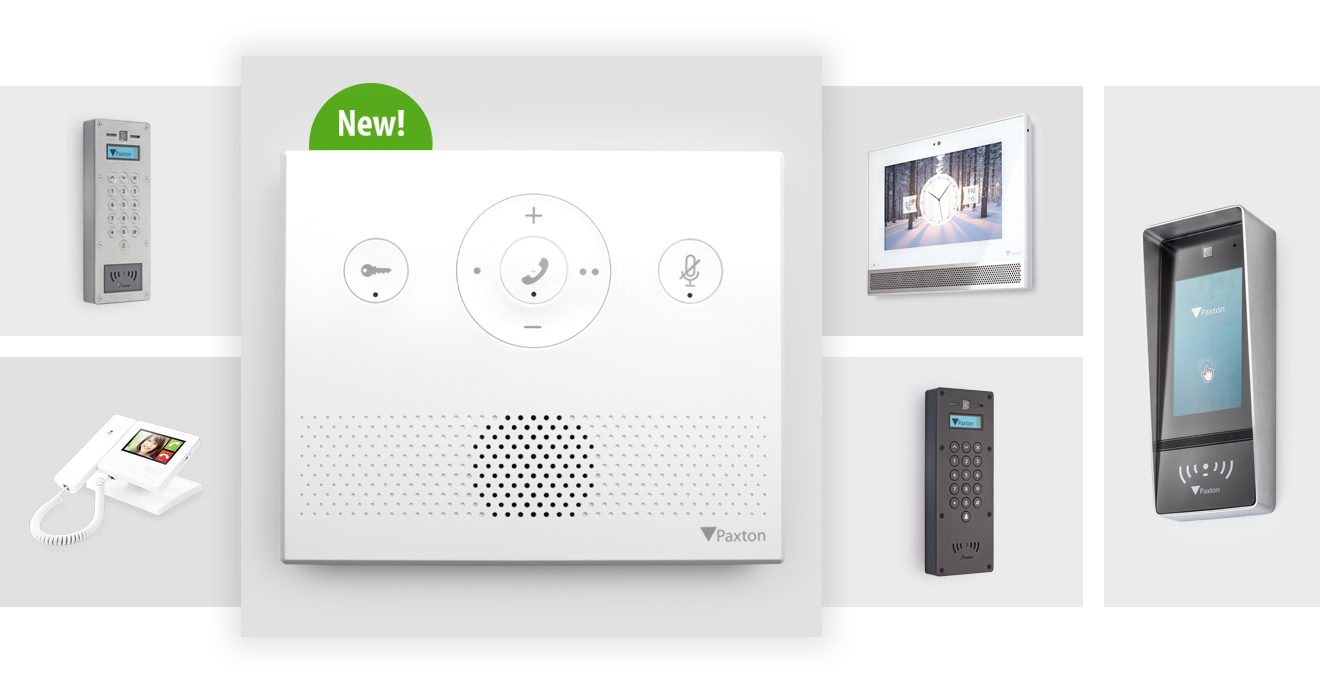 New Paxton Net2 Entry Audio monitor surrounded by various security devices, showcasing innovative technology for enhanced business safety.