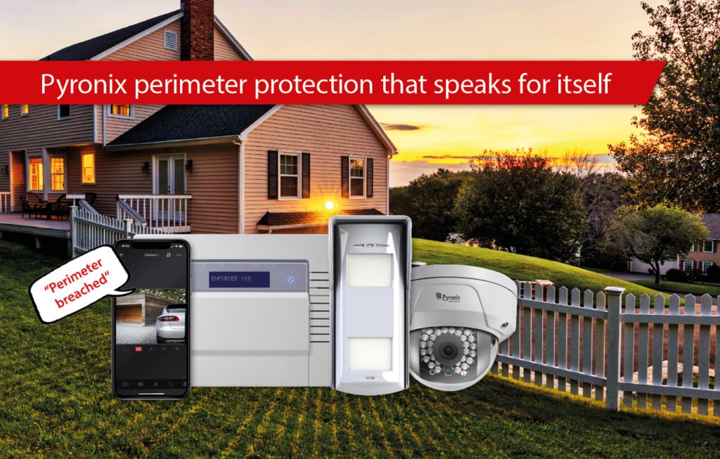 Pyronix perimeter protection system featuring Enforcer panel, LightCamera, and outdoor detector, with smartphone alert indicating "Perimeter breached," set against a residential backdrop.