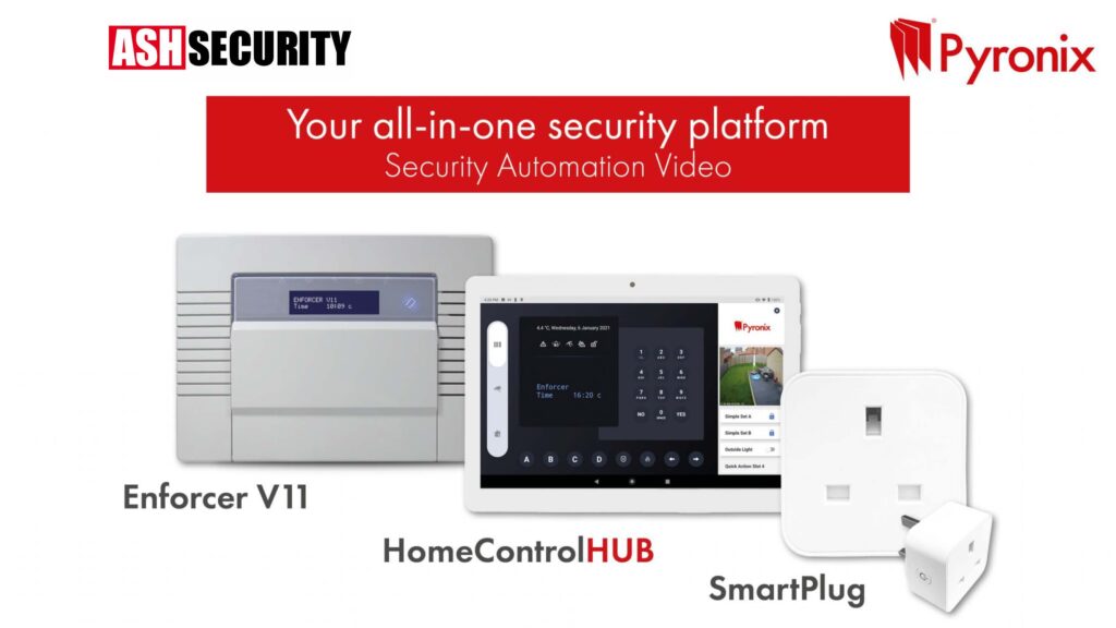 Enforcer V11 control panel, HomeControlHUB tablet, and SmartPlug showcasing ASH Security's all-in-one security platform for home automation and surveillance.