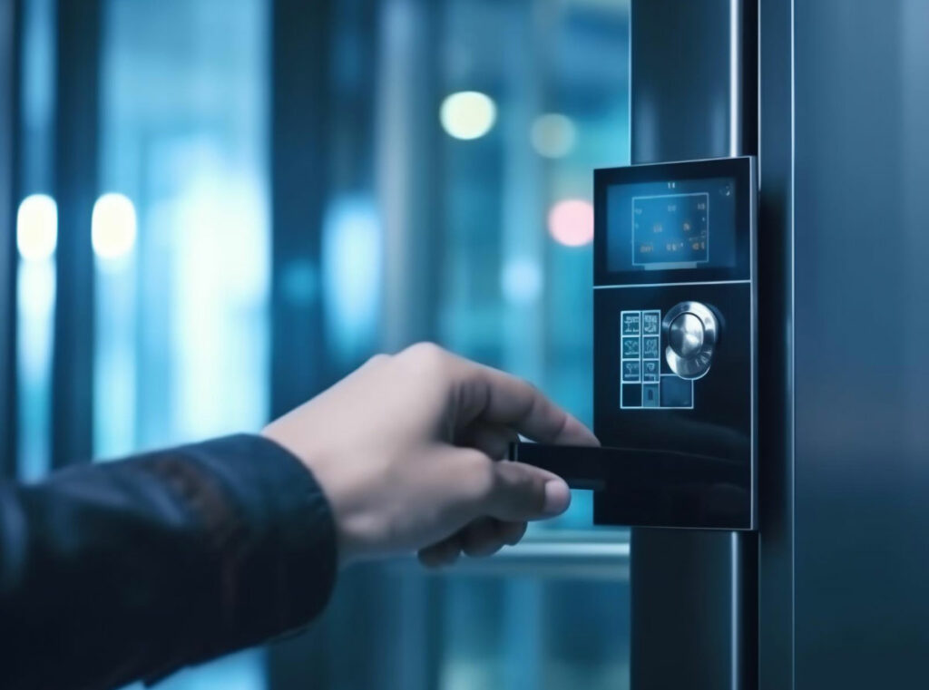 Hand interacting with a modern access control panel, illustrating security technology for business premises.